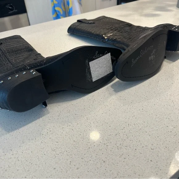 Sam Edelman Black Leather Cowboy Western Boots with Crocodile-Embossed Pattern - Picture 2 of 7